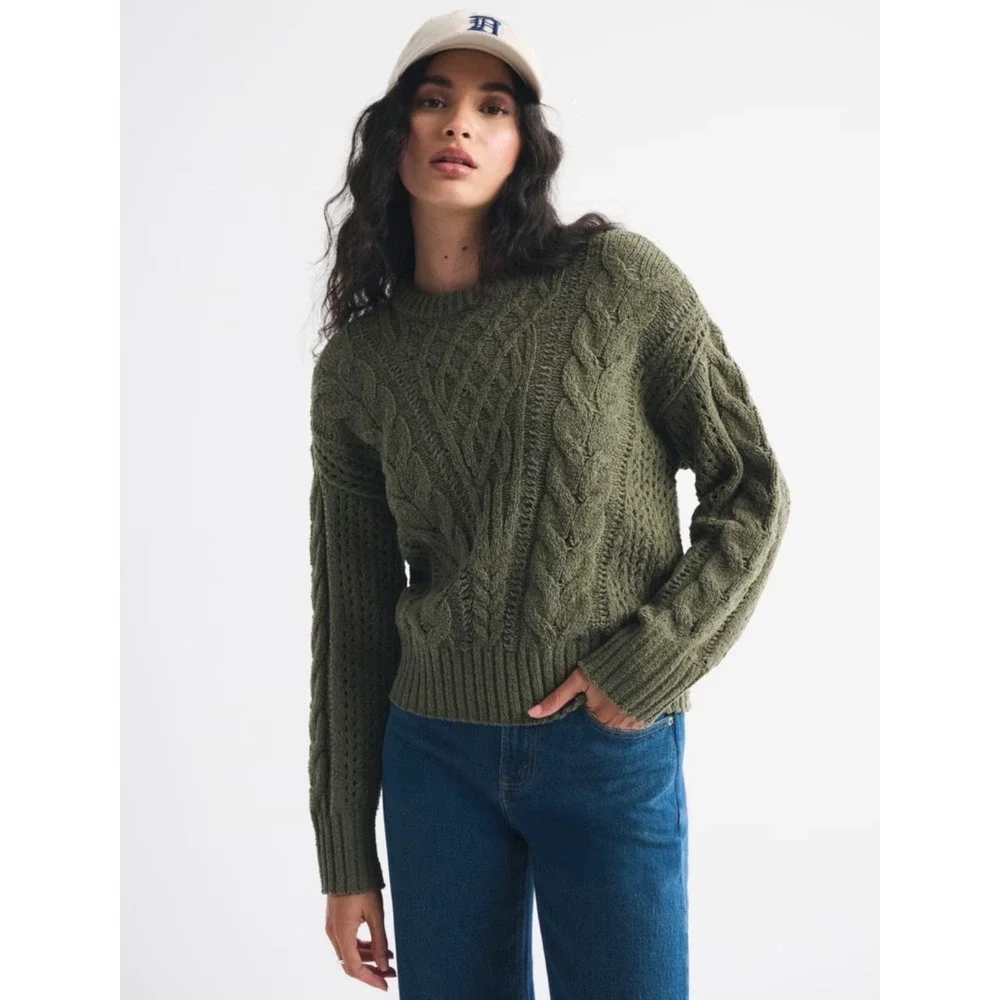 Time and Tru Womens Olive Green Mixed Cable Knit Patchwork Sweater XL‎ 16-18
